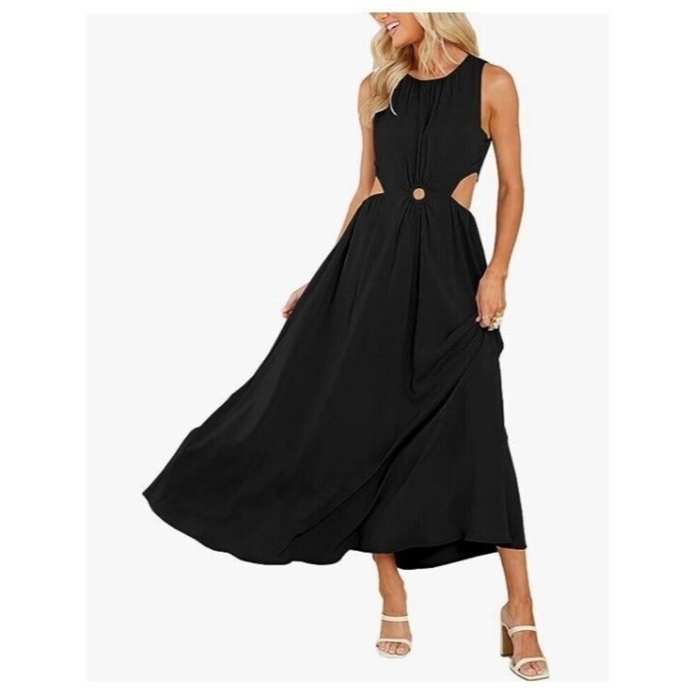 Deep Self Maxi Dress Black Crewneck O Ring Cutout Sundress NWT Womens Size L
